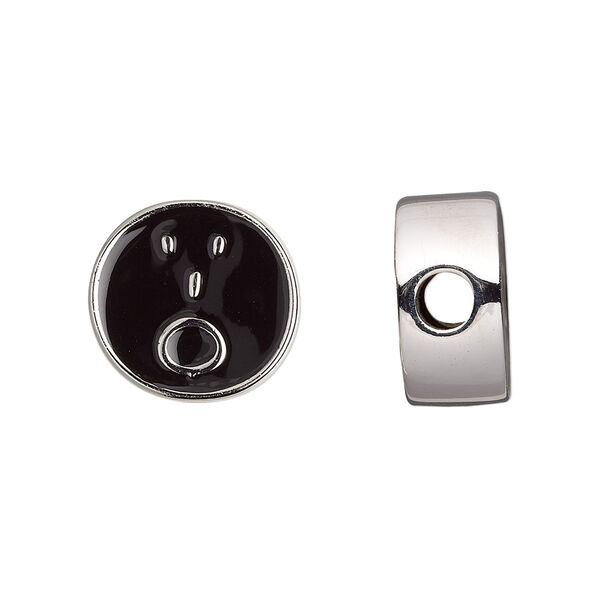 Bead, Dione®, enamel and silver-finished "pewter" (zinc-based alloy), black, 16mm double-sided flat round with surprised emoticon face and 4mm hole. Sold individually. image number 0