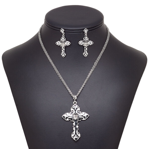 Necklace and earring set, Avant-Garde Jewelry Collection, enamel / Czech glass rhinestone / imitation rhodium-plated brass, black and white, 56x40mm cross with skull design, 15" to 16" necklace with 2-inch extender chain and lobster claw clasp, 48mm earrings with post. Sold per set. image number 0