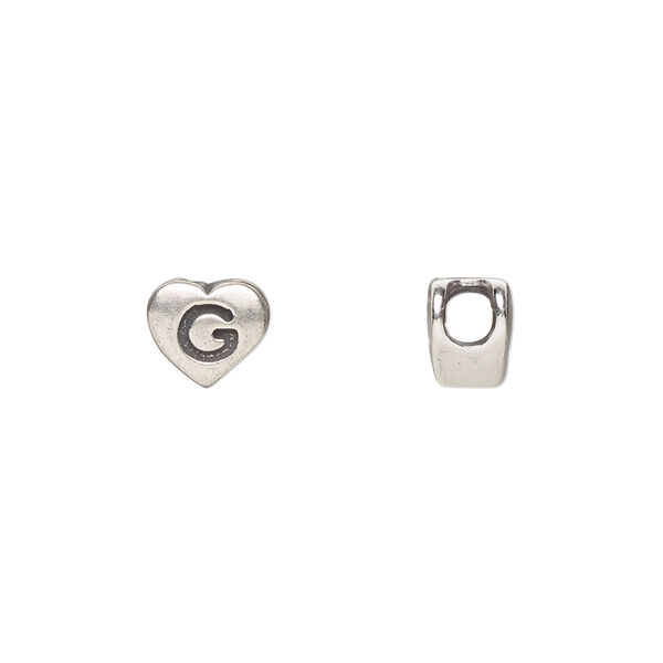 Bead, sterling silver, 7.5x7mm heart with alphabet letter "G." Sold individually. image number 0