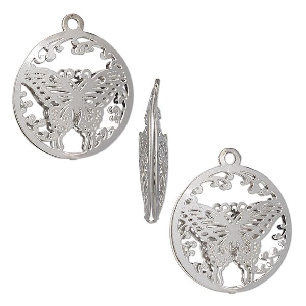 Drop, stainless steel, 18mm double-sided domed round with textured cut-out butterfly design. Sold per pkg of 6. image number 0