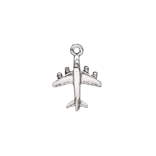 Charm, antique silver-plated pewter (tin-based alloy), 17x15mm 3D jet plane. Sold individually. image number 0