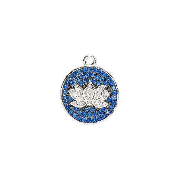 Drop, cubic zirconia and silver-finished brass, blue and clear, 14.5mm single-sided round with lotus flower design. Sold individually. image number 0