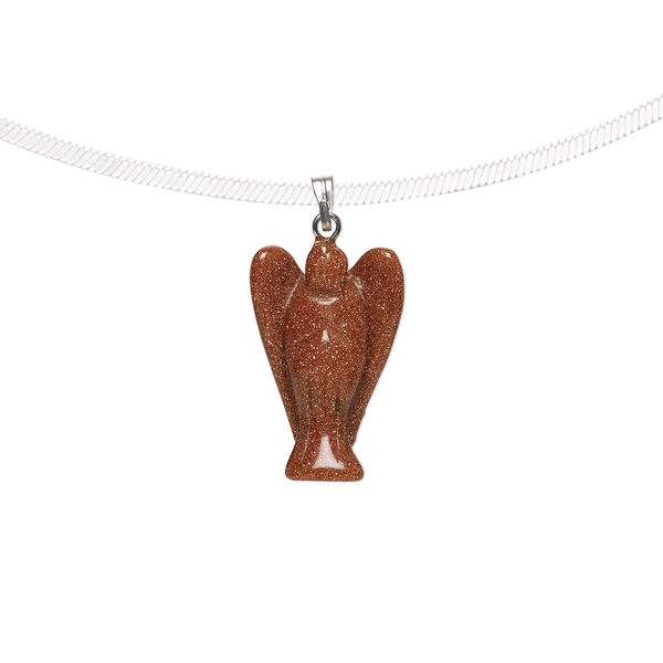 Pendant, brown goldstone (man-made) with silver-finished brass bail, 25x17mm-27x17mm hand-cut 3D angel. Sold individually. image number 0