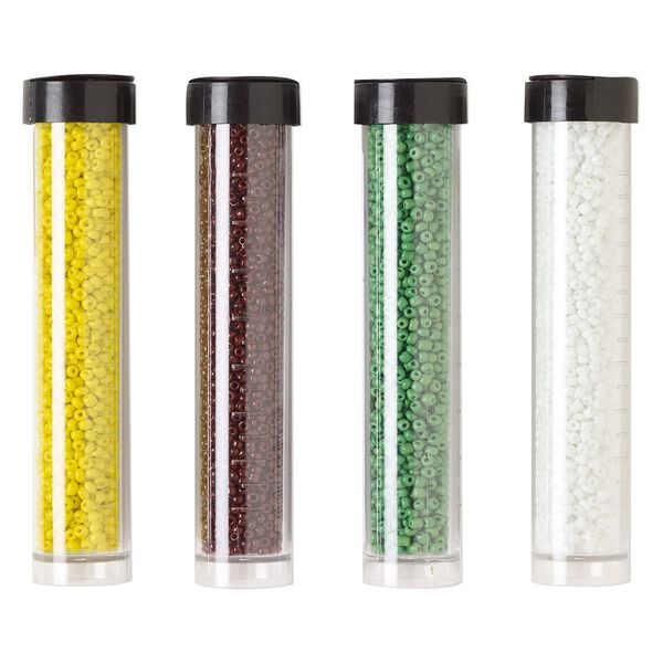 Seed bead assortment, Ming Tree™, glass, pkg/(4) 4 x 3/4 inch vials, #11 round, opaque luster brown, green, yellow and white. image number 0