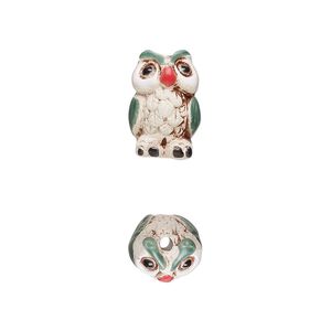 Bead, glazed ceramic, white / green / multicolored, 15x10mm hand-painted owl. Sold per pkg of 2.