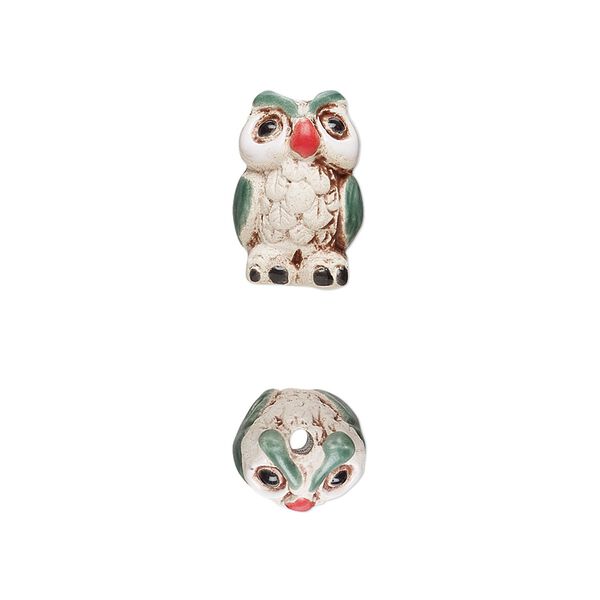 Bead, glazed ceramic, white / green / multicolored, 15x10mm hand-painted owl. Sold per pkg of 2. image number 0