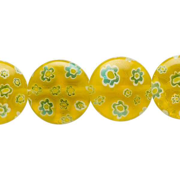 Bead, millefiori glass, translucent dark yellow / blue / white, puffed flat round 16mm with flower design. Sold per 14-inch strand. image number 0