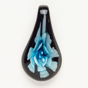Focal, lampworked glass, black and blue, 56x29mm-58x32mm spoon with flower. Sold individually.