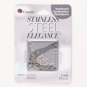 Jump ring, stainless steel, pkg/55, silver finish, 6mm open round, 4.1mm inside diameter, 22 gauge.