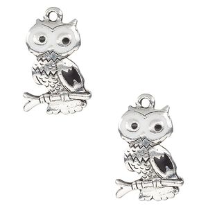 Charm, enamel and antique silver-plated pewter (tin-based alloy), white and black, 20x15mm single-sided owl. Sold per pkg of 2.