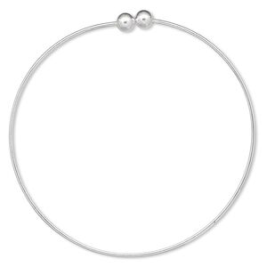 Bracelet, bangle, silver-plated brass, 1.5mm wide round with (2) 6mm twist-off bead ends, 9 inches. Sold per pkg of 10.