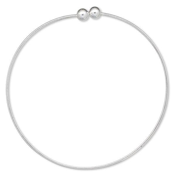Bracelet, bangle, silver-plated brass, 1.5mm wide round with (2) 6mm twist-off bead ends, 9 inches. Sold per pkg of 10. image number 0