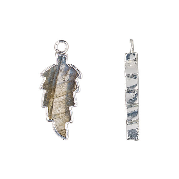 Drop, sterling silver and labradorite (dyed), 23x10mm hand-cut double-sided flat feather, Mohs hardness 6 to 6-1/2. Sold individually. image number 0
