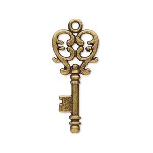 Focal, antique brass-plated "pewter" (zinc-based alloy), 30x13.5mm double-sided key with filigree heart design. Sold per pkg of 12.