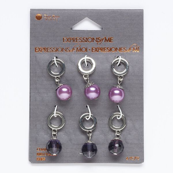 Drop mix, acrylic / acrylic pearl / silver-finished "pewter" (zinc-based alloy) / steel, (3) 27x11mm round and (3) 28x11mm faceted round. Sold per pkg of 6. image number 0
