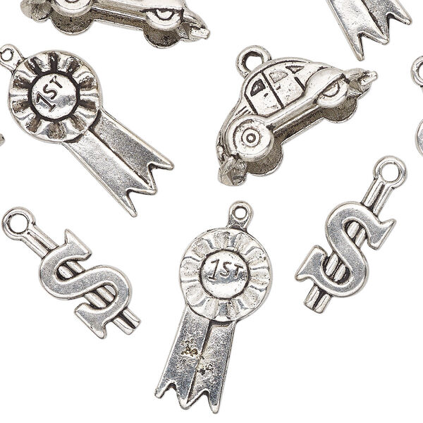 Charm mix, antique silver-finished "pewter" (zinc-based alloy), (3) 19x8mm dollar sign, (3) 23x10mm car and (3) 23x12mm 1st place ribbon. Sold per pkg of 9. image number 0