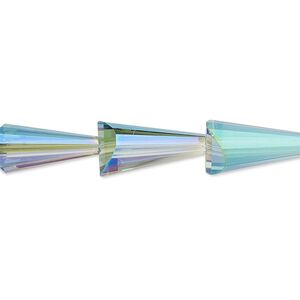 Bead, glass, clear iris green, 16x8mm faceted cone. Sold per 8-inch strand, approximately 10 beads.