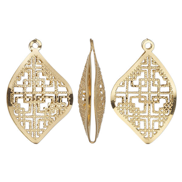 Drop, gold-finished stainless steel, 22x16mm double-sided domed freeform with textured cutout geometric design. Sold per pkg of 6. image number 0