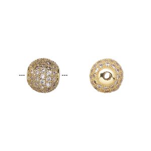 Bead, cubic zirconia and gold-finished brass, clear, 9.5mm textured round. Sold individually.