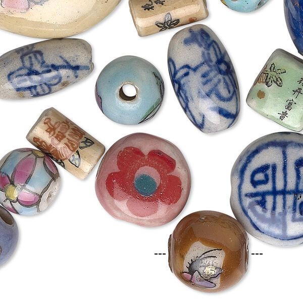 Bead mix, porcelain, mixed colors, 7mm-51x42mm hand-painted mixed shapes with decal. Sold per 1/4 pound pkg, approximately 25-70 beads. image number 0