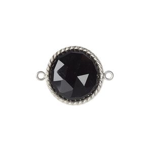 Link, black onyx (dyed) and sterling silver, 17-19mm hand-cut double-sided faceted round with twisted wire design. Sold individually.