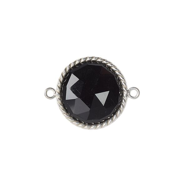 Link, black onyx (dyed) and sterling silver, 17-19mm hand-cut double-sided faceted round with twisted wire design. Sold individually. image number 0