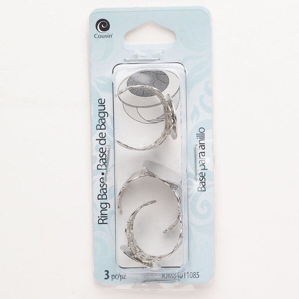 Ring, steel, pkg/3, silver finish, fancy open back with 16mm round flat pad. image number 0