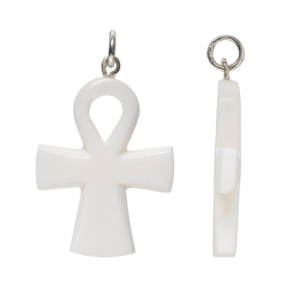 Focal, bone (bleached) and silver-finished steel, white, 30x24mm ankh, Mohs hardness 2-1/2. Sold per pkg of 6. image number 0
