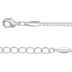 Chain, silver-plated brass, 2mm curb, 36 inches with 1-1/4 inch extender chain and lobster claw clasp. Sold per pkg of 2.