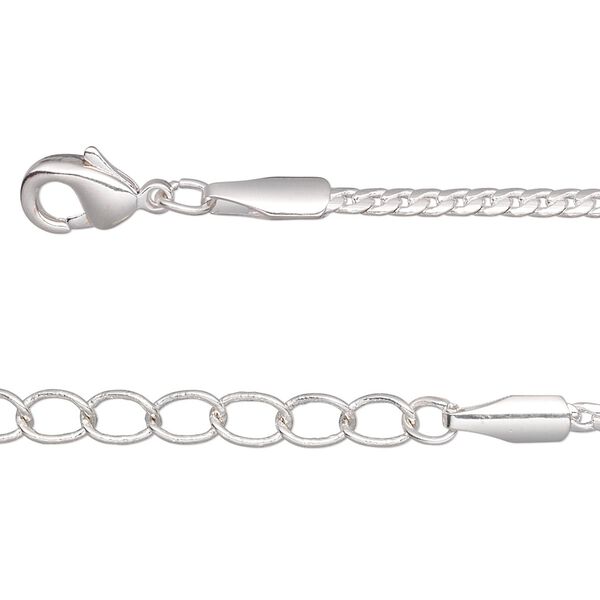 Chain, silver-plated brass, 2mm curb, 36 inches with 1-1/4 inch extender chain and lobster claw clasp. Sold per pkg of 2. image number 0