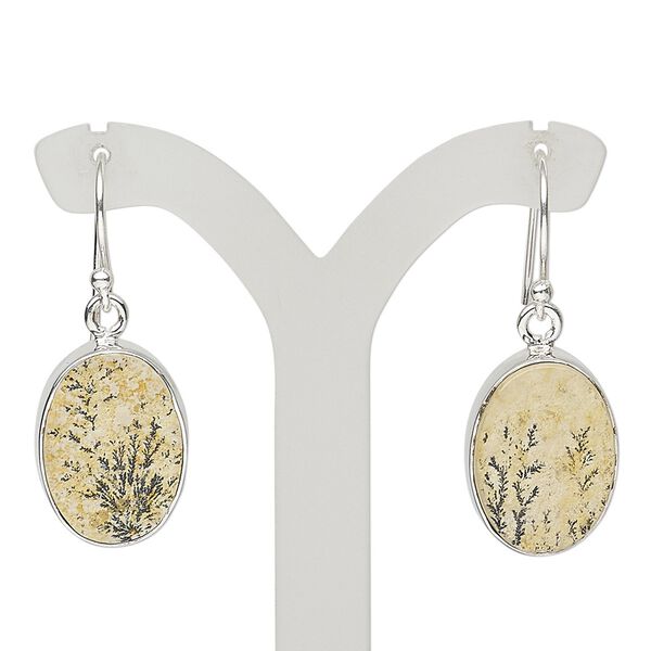 Earring, leaf jasper (natural) and sterling silver, 33mm with oval and fishhook ear wire, 21 gauge. Sold per pair. image number 0