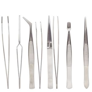 Tweezers, stainless steel, 4-1/2 inch to 4-3/4 inch assorted shape. Sold per 4-piece set.