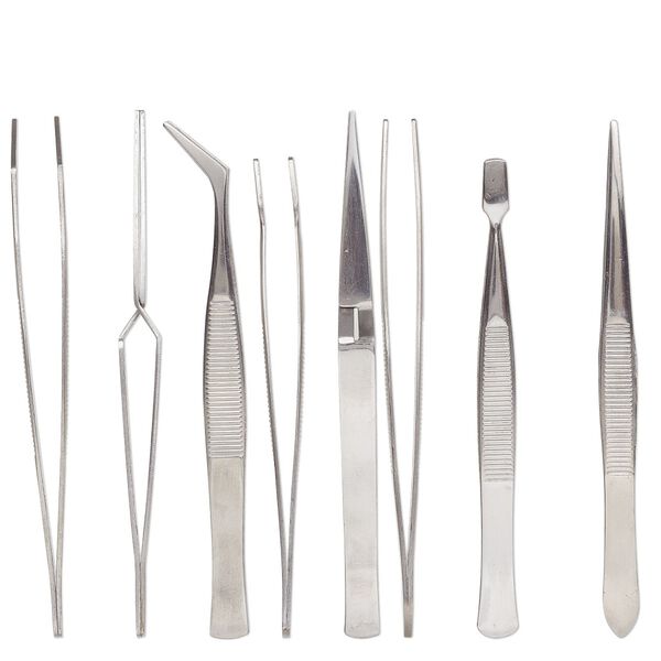 Tweezers, stainless steel, 4-1/2 inch to 4-3/4 inch assorted shape. Sold per 4-piece set. image number 0
