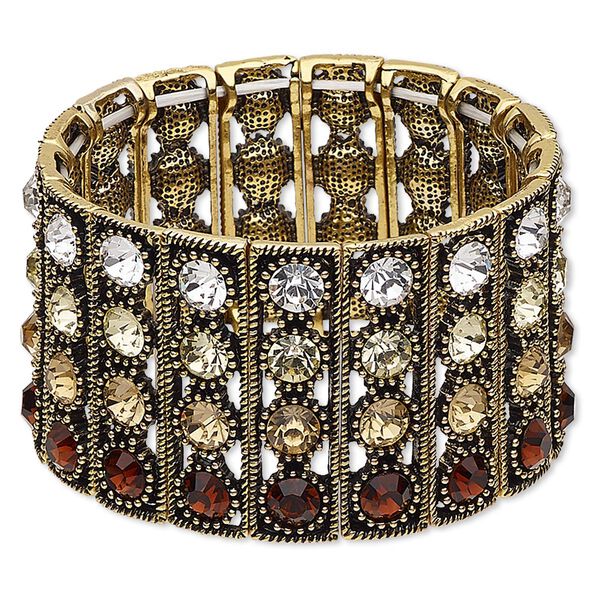 Bracelet, stretch, glass rhinestone and antique gold-finished "pewter" (zinc-based alloy), multicolored, 38.5mm wide with 4-row design, 7 inches. Sold individually. image number 0