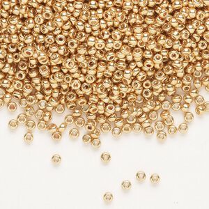 Seed bead, Miyuki, glass, pkg/250g, #11 rocaille, opaque galvanized yellow gold, (RR-1053).