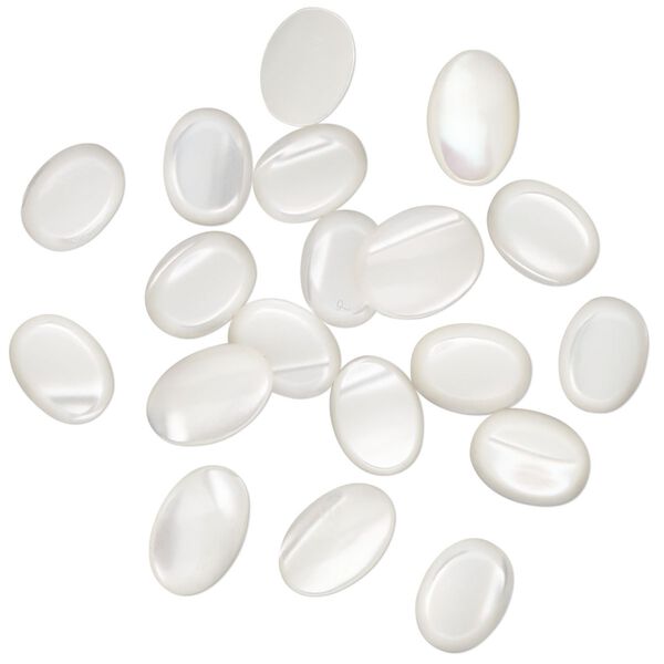 Cabochon, mother-of-pearl shell (bleached), 8x6mm-9x7mm non-calibrated oval, Mohs hardness 3-1/2. Sold per pkg of 20. image number 0