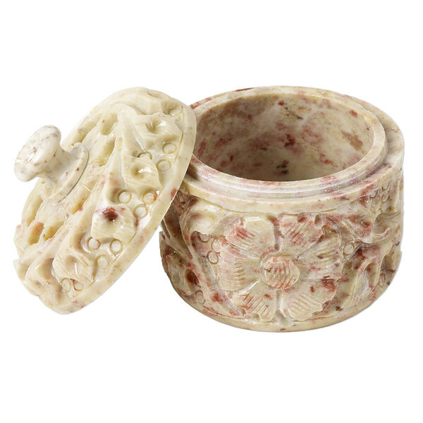 Box, soapstone (coated), 2-1/2 x 2-1/4 inch fancy cylinder with hand-carved floral design, Mohs hardness 1 to 2-1/2. Sold individually. image number 0
