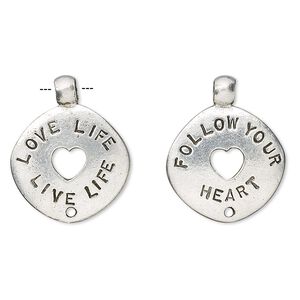 Charm, antiqued pewter (tin-based alloy), 22x18mm two-sided round donut with "Love Life Live Life" and "Follow Your Heart." Sold per pkg of 4.