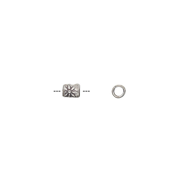Bead, Hill Tribes, antiqued sterling silver, 4x3mm round tube with flower design. Sold per pkg of 6. image number 0