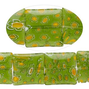 Bead, millefiori glass, translucent green / golden yellow / white, 16mnm puffed square with flower design. Sold per 14-inch strand.