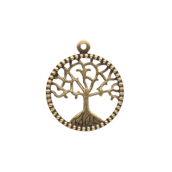 Charm, brass, 20mm single-sided flat round with cutout tree of life. Sold per pkg of 4. image number 0