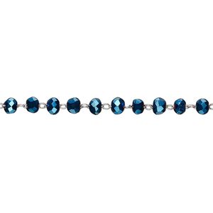Chain 1pkg1 beaded, 3.5mm faceted rondelle, metallic blue glass / stainless steel 1 yard unfinished