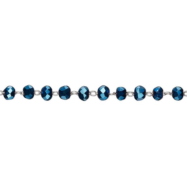 Chain, glass and stainless steel, metallic blue, 3.5mm faceted rondelle. Sold per pkg of 1 yard. image number 0