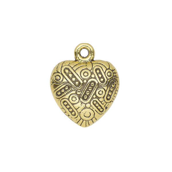 Charm, antique gold-finished "pewter" (zinc-based alloy), 15x14.5mm single-sided heart with dot and oval pattern. Sold per pkg of 10. image number 0