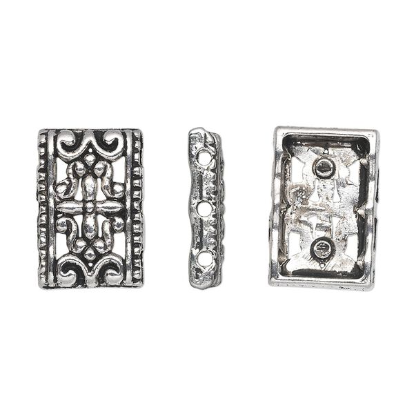 Spacer, antique silver-plated "pewter" (zinc-based alloy), 17x11mm 3-strand single-sided rectangle, fits up to 5mm bead. Sold per pkg of 20. image number 0