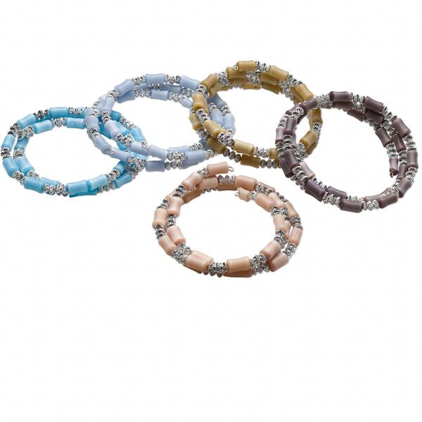 Bracelet mix, cat's eye glass (fiber optic glass) / steel memory wire / silver-coated plastic, mixed colors, 16mm wide, 7 inches. Sold per pkg of 5. image number 0