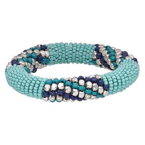 Bracelet, glass / steel memory wire / silver-plated steel, aqua blue / dark blue / turquoise blue, 15mm wide, 7-inch adjustable. Sold individually.