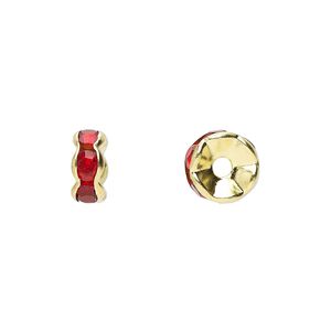 Bead, glass rhinestone and gold-finished brass, red, 8x4mm rondelle. Sold per pkg of 10.