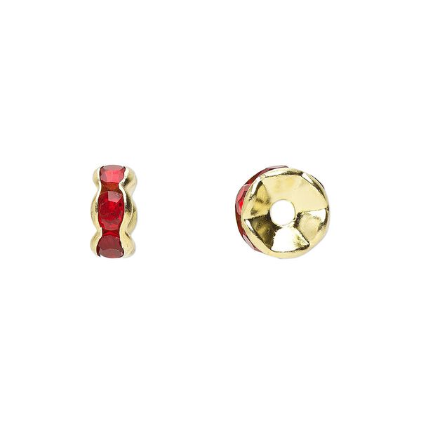 Bead, glass rhinestone and gold-finished brass, red, 8x4mm rondelle. Sold per pkg of 10. image number 0