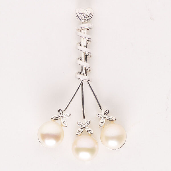 Pendant, silver finish "pewter" (zinc-based alloy) / glass / cultured freshwater pearl, light satin pink, 50x30mm-52x33mm with heart and butterfly design. Sold individually. image number 0